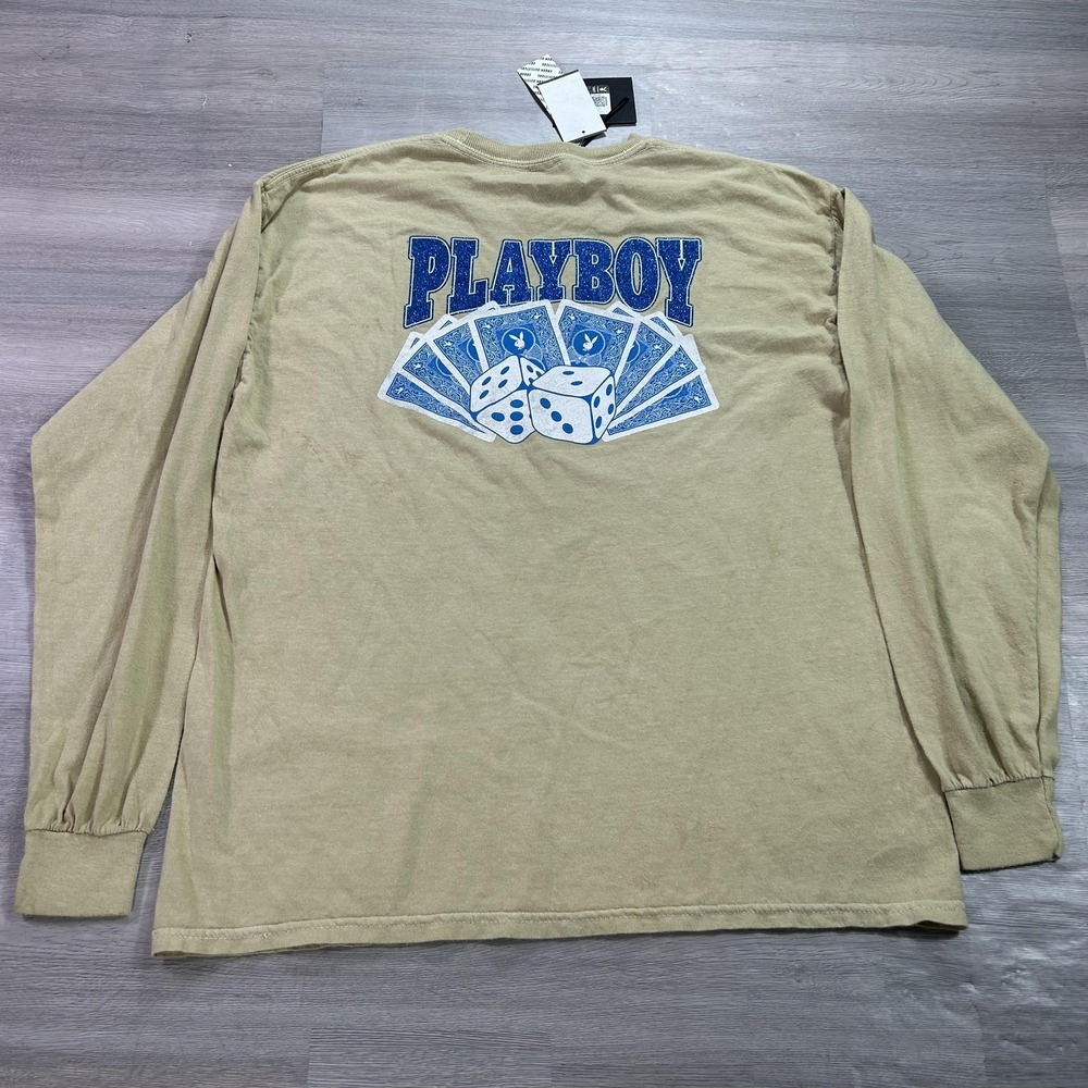 NEW Playboy Shirt Mens Medium Beige Atlantic City Dice Cards Long Sleeve‎ Tee